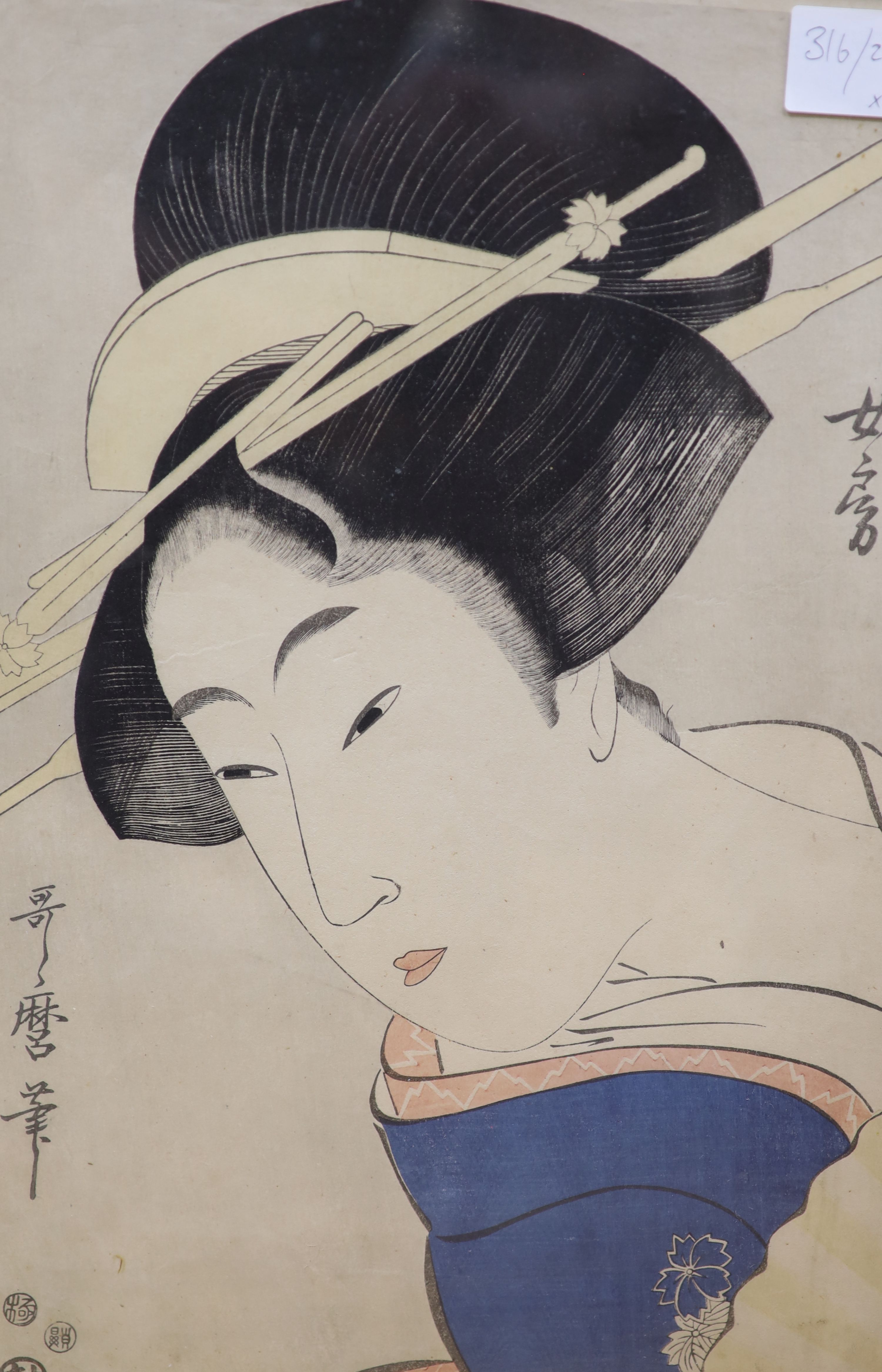 Japanese School, two woodblock prints, Woman serving tea and Head study, largest 37 x 25cm